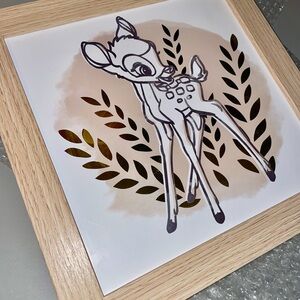 Wooden Framed Bambi Wall Art - Brown and white.